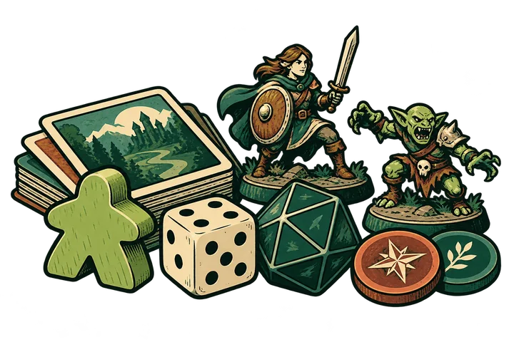 Dados, un meeple y miniaturas de aventuras ilustrados en 2D